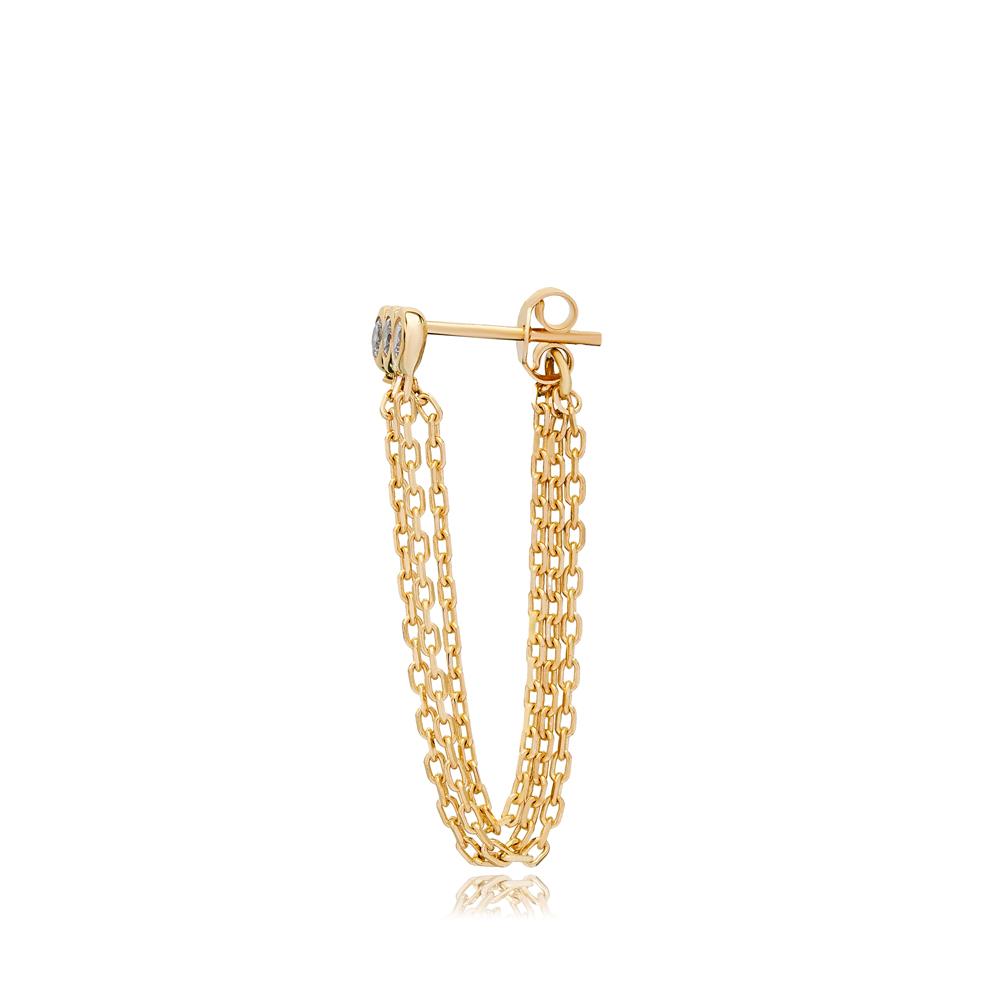Triple Zircon Stone Chain Design Single Earrings 14k Gold Jewelry