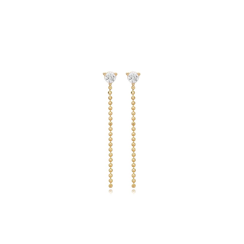 Round Cut Zircon Stone Chain Design Long Earrings 14k Gold Jewelry
