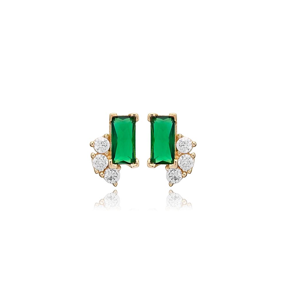 Minimalist Emerald with Zircon Stone Stud Earrings 14k Gold Jewelry