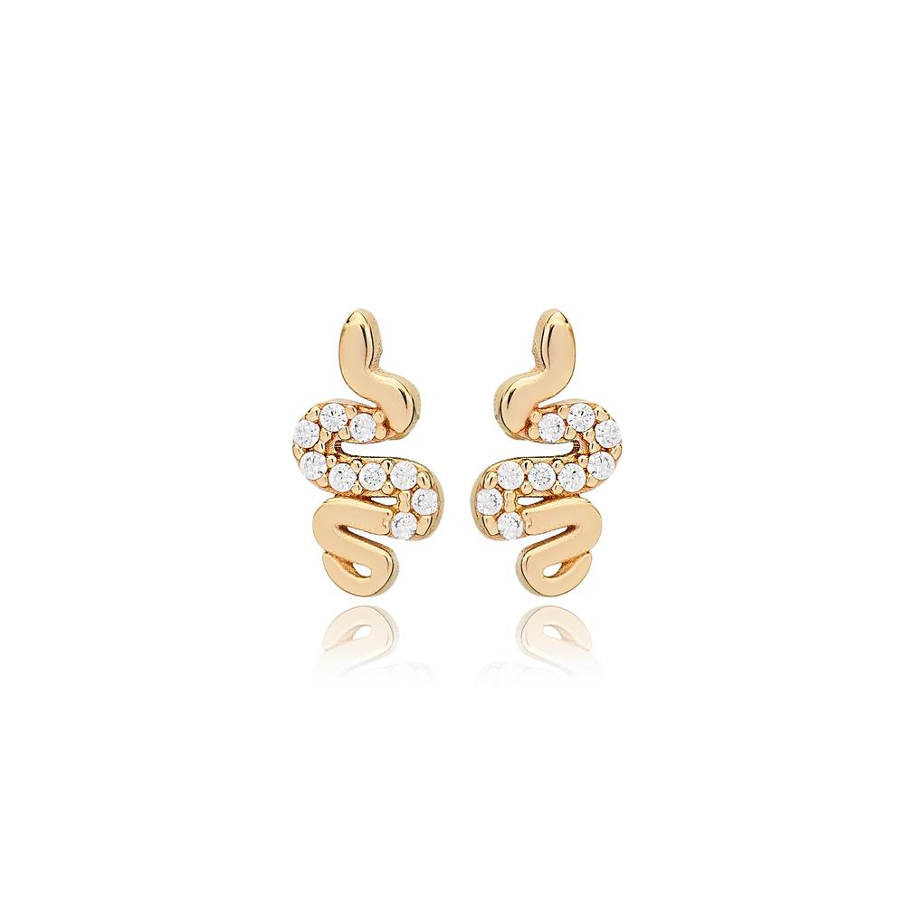 Snake Design Zircon Stone Stud Earrings 14k Gold Jewelry