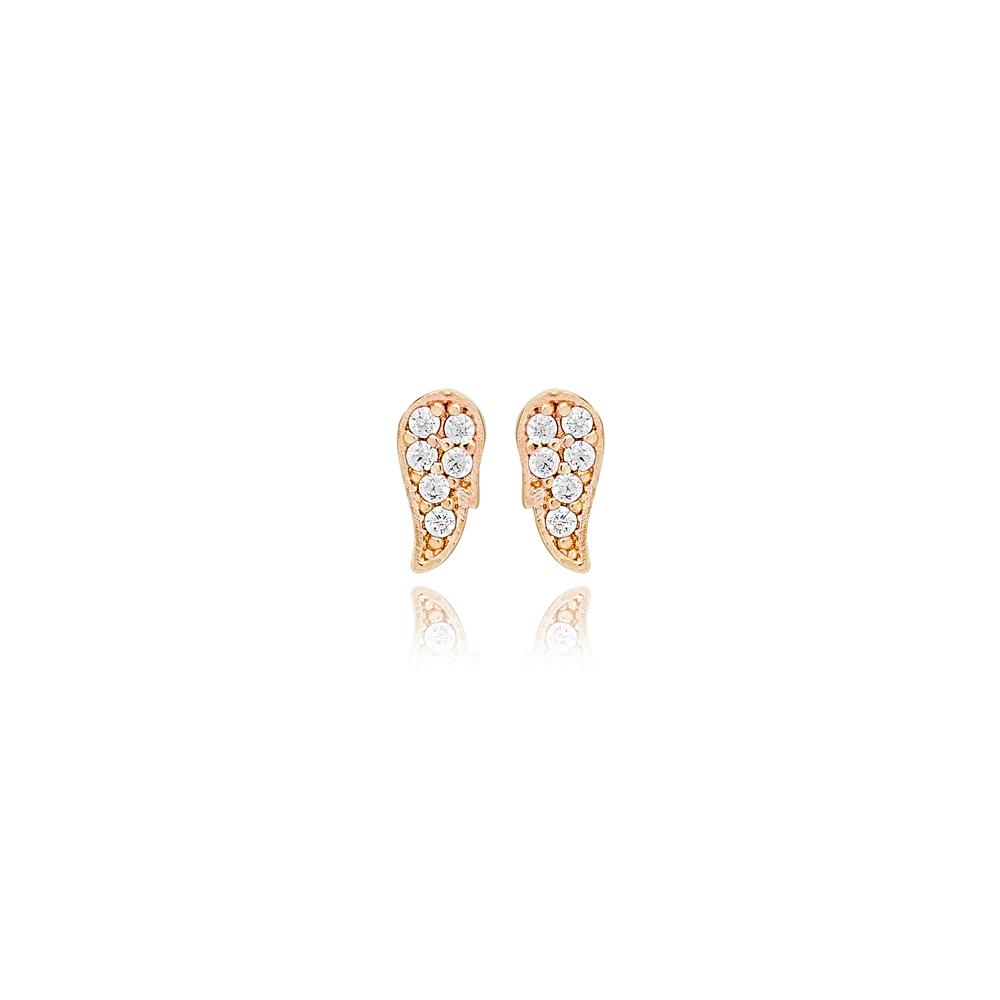 Minimalist Angel-Wings Design Zircon Stone Stud Earrings 14k Gold Jewelry