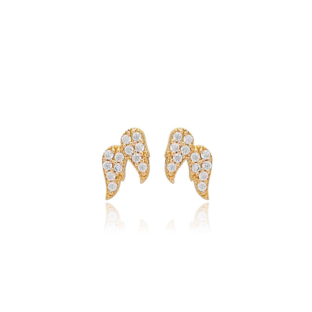 Cute Angel-Wings Design Zircon Stone Stud Earrings 14k Gold Jewelry
