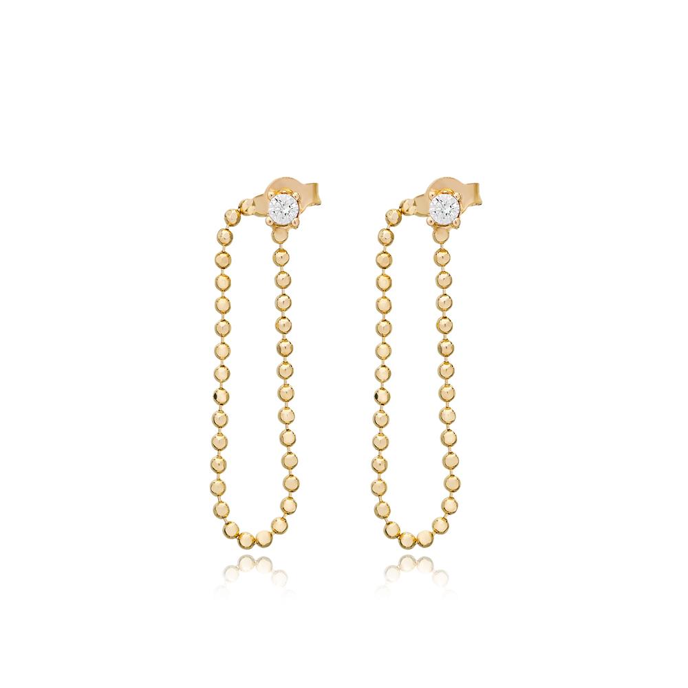 Ball Chain Design Zircon Stone Long Earrings 14k Gold Jewelry