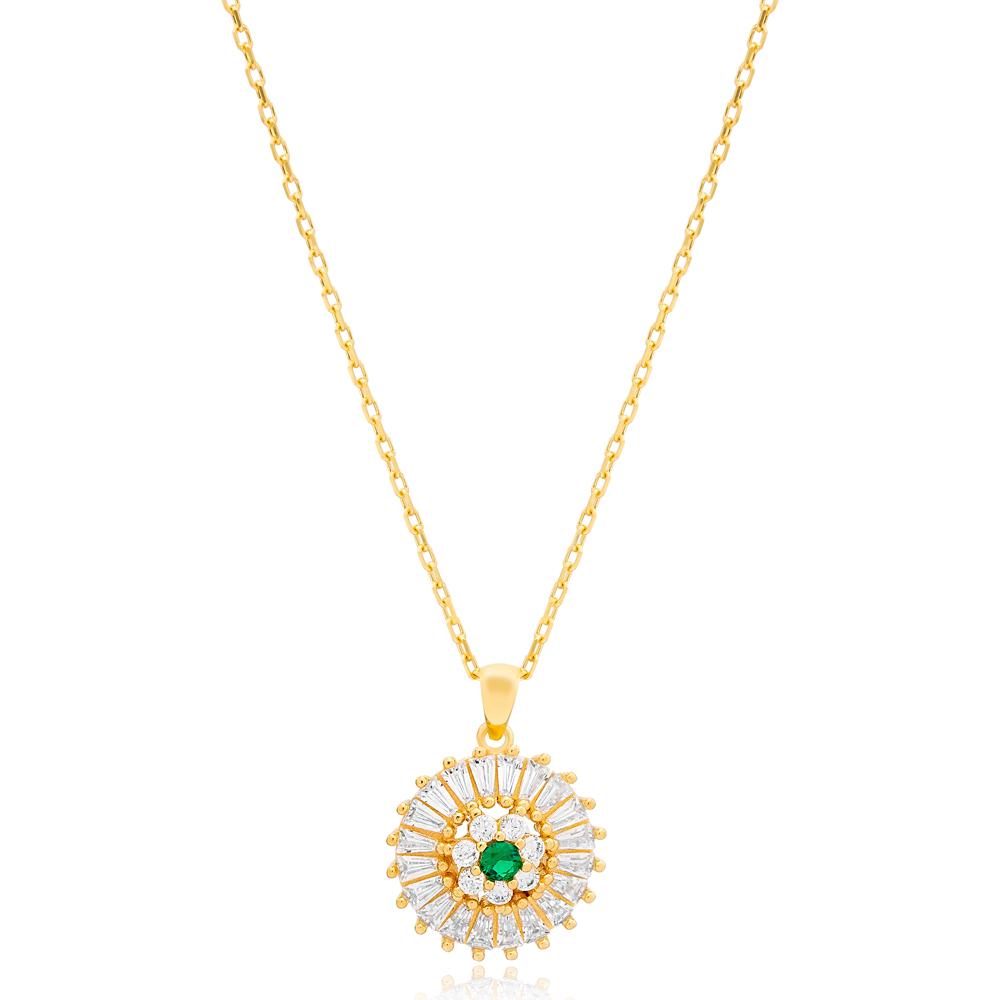 Emerald with Baguette Zircon Stone Round Shape Charm Necklace Turkish Handcrafted 14K Gold Jewelry