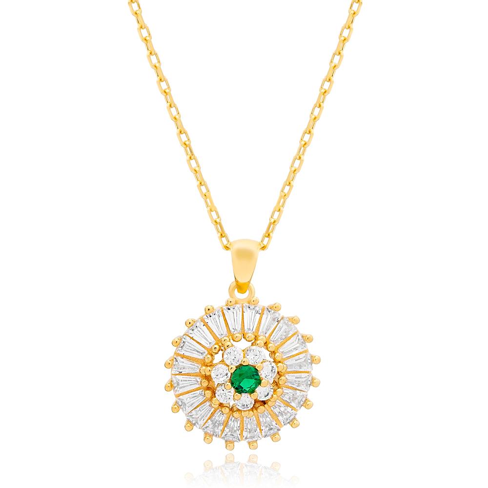 Emerald with Baguette Zircon Stone Round Shape Charm Necklace Turkish Handcrafted 14K Gold Jewelry
